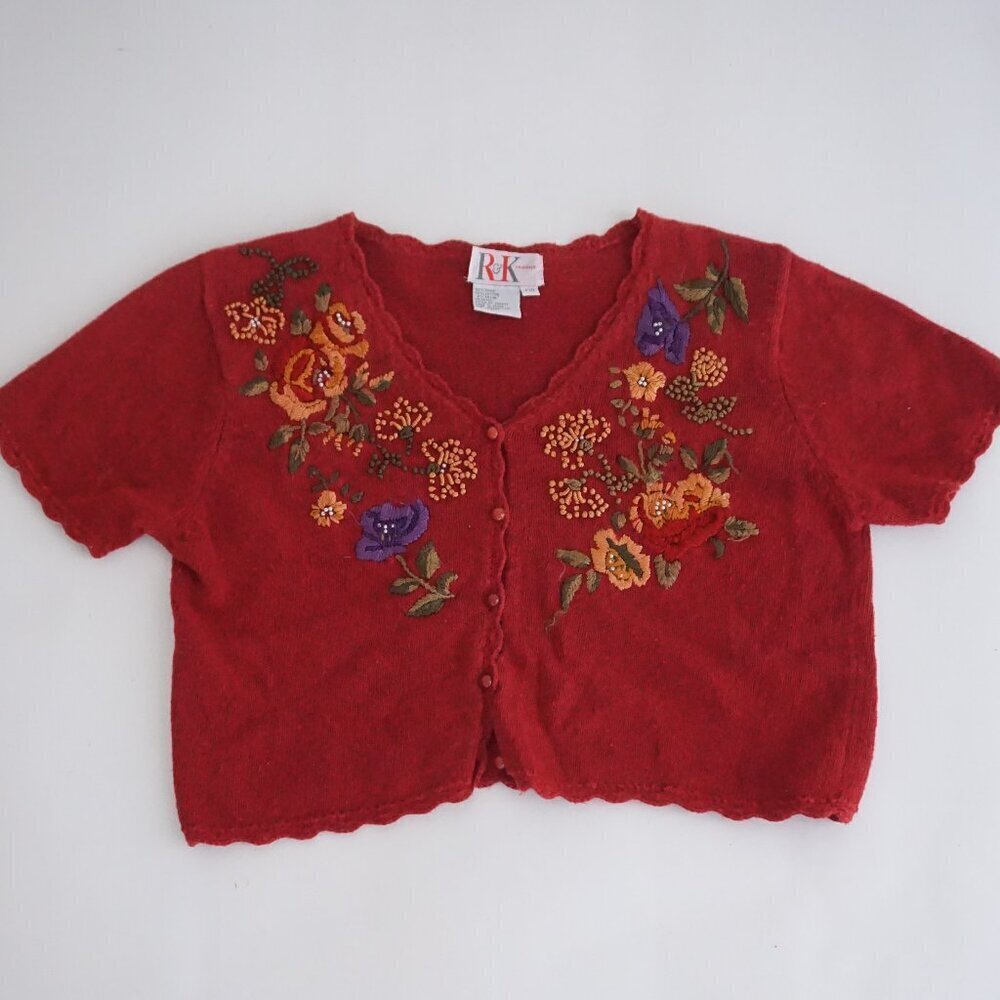 Vintage RK Originals Red Knit Cardigan Floral Embroidery Romantic Boho P10